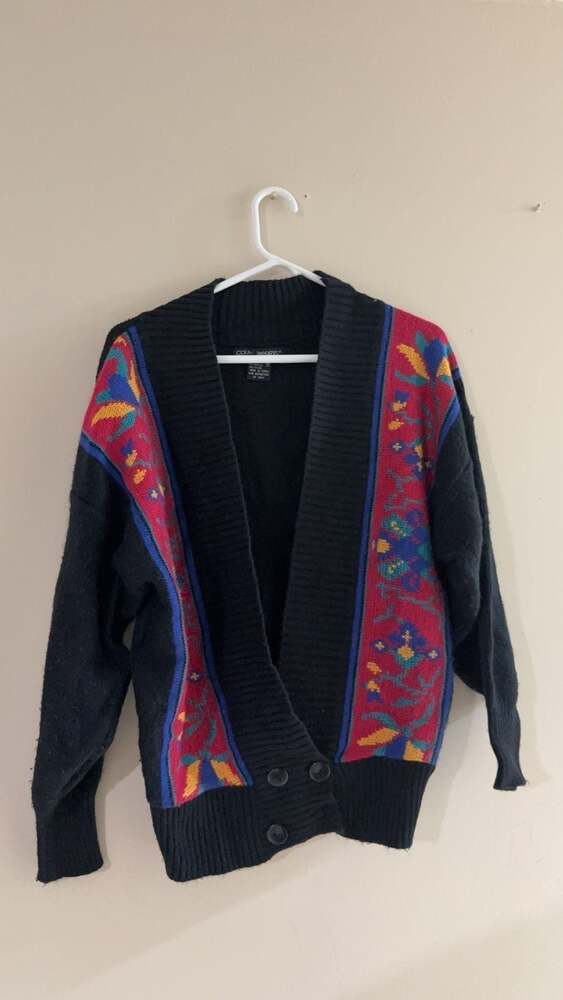 Vintage Black Knit Cardigan with Colorful Floral Pattern - Button Front